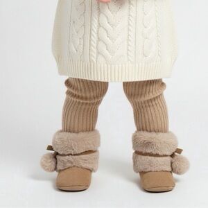 Stepping Stones Baby Girl 6-9 Month Cute Chestnut Microsuede Pom Faux Fur Boots